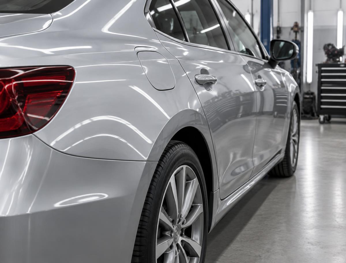 Silver car bodywork under bright inspection lights